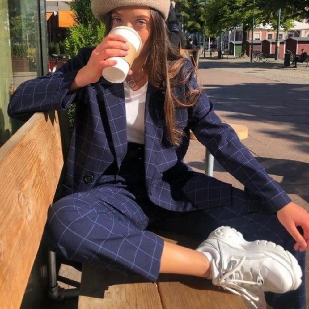 Monki Straight Leg Trousers in Blue Check, US 14